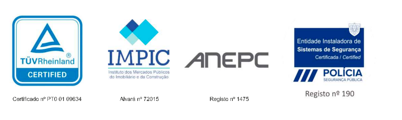 Certificações: TÜV Rheinland, IMPIC, ANEPC e PSP
